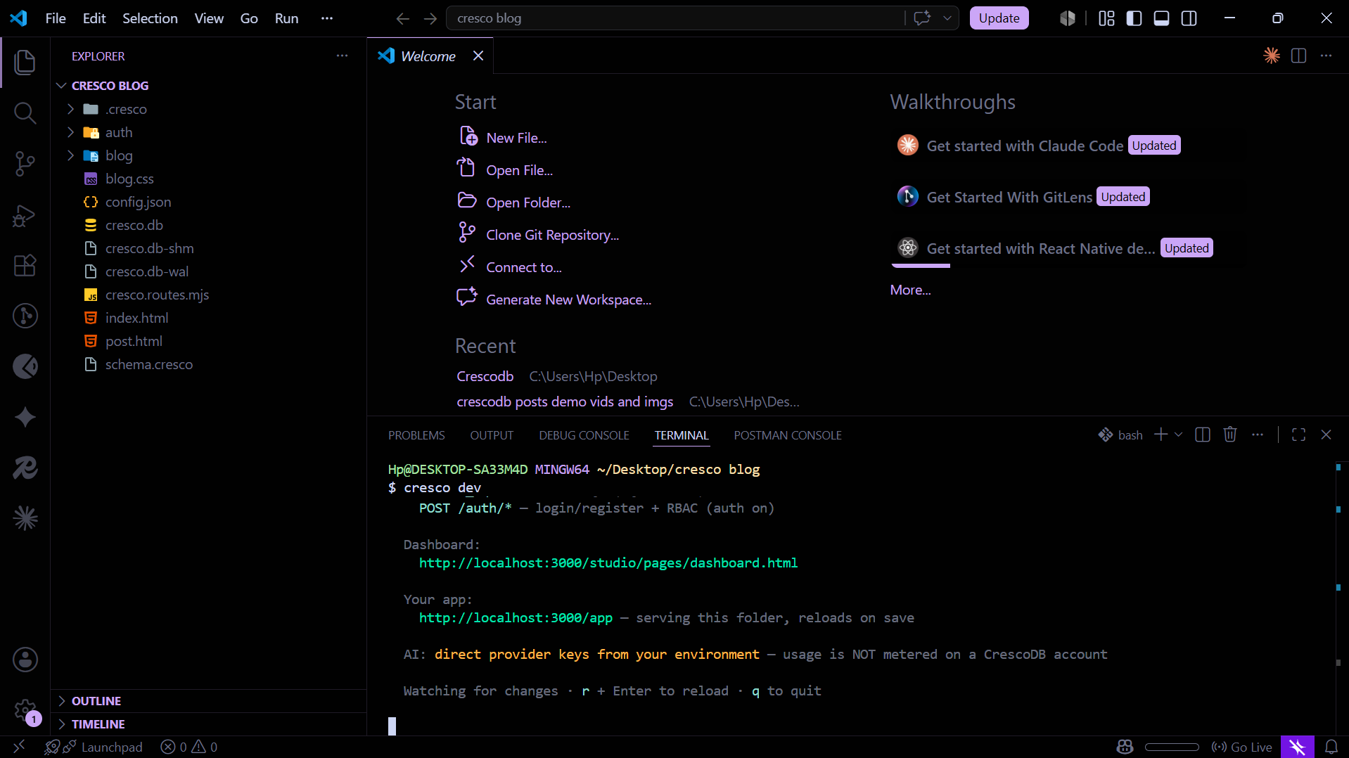cresco init and cresco dev — CrescoDB's REST API and dashboard running locally