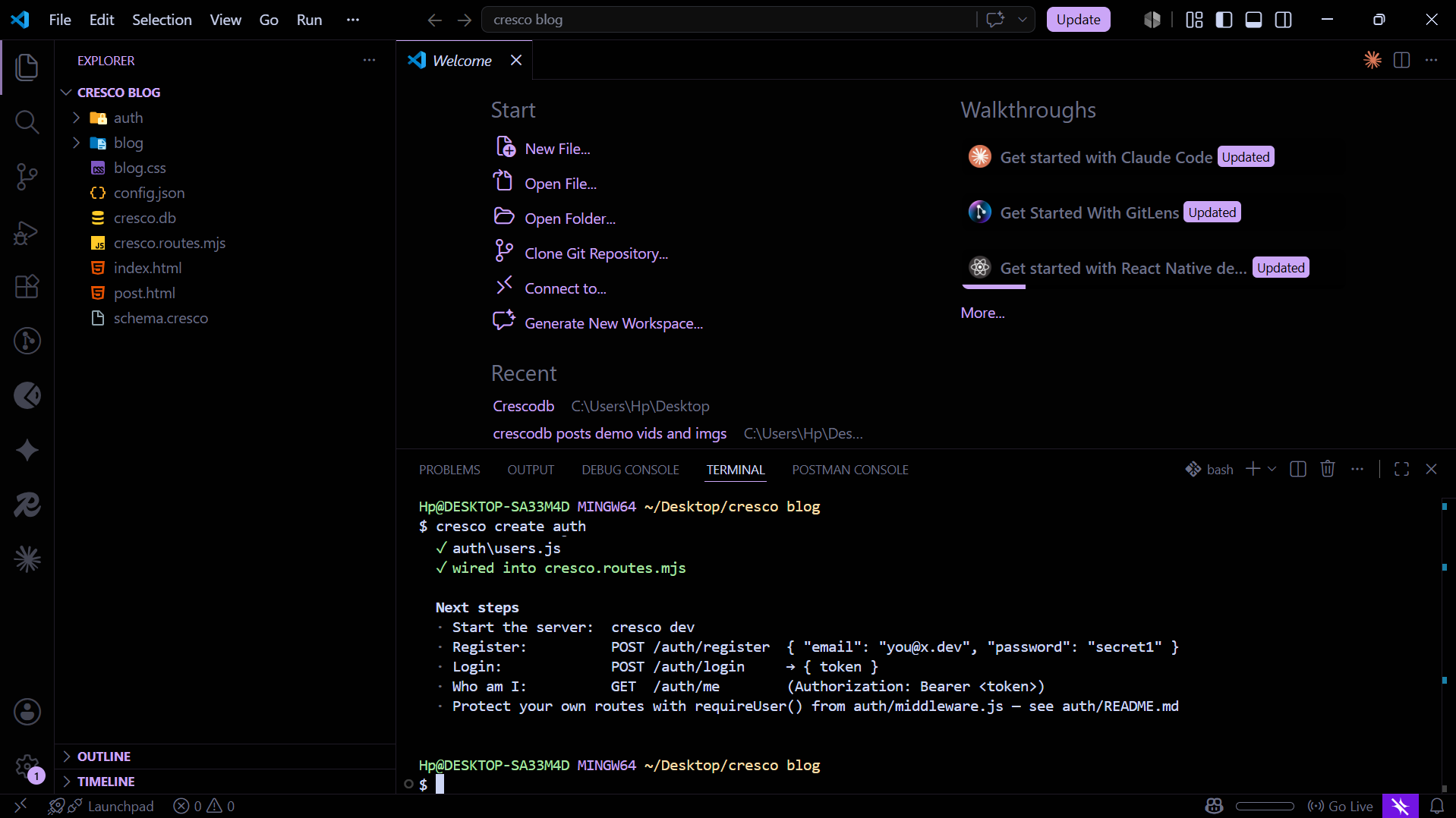 cresco create auth generates register.js, login.js, middleware.js and jwt.js as editable code you own