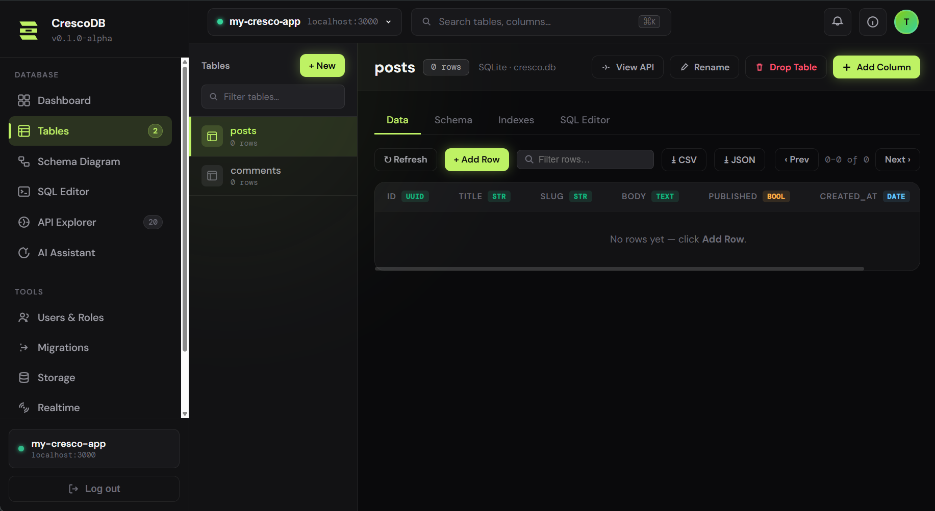 CrescoDB dashboard Tables page showing the posts and comments tables