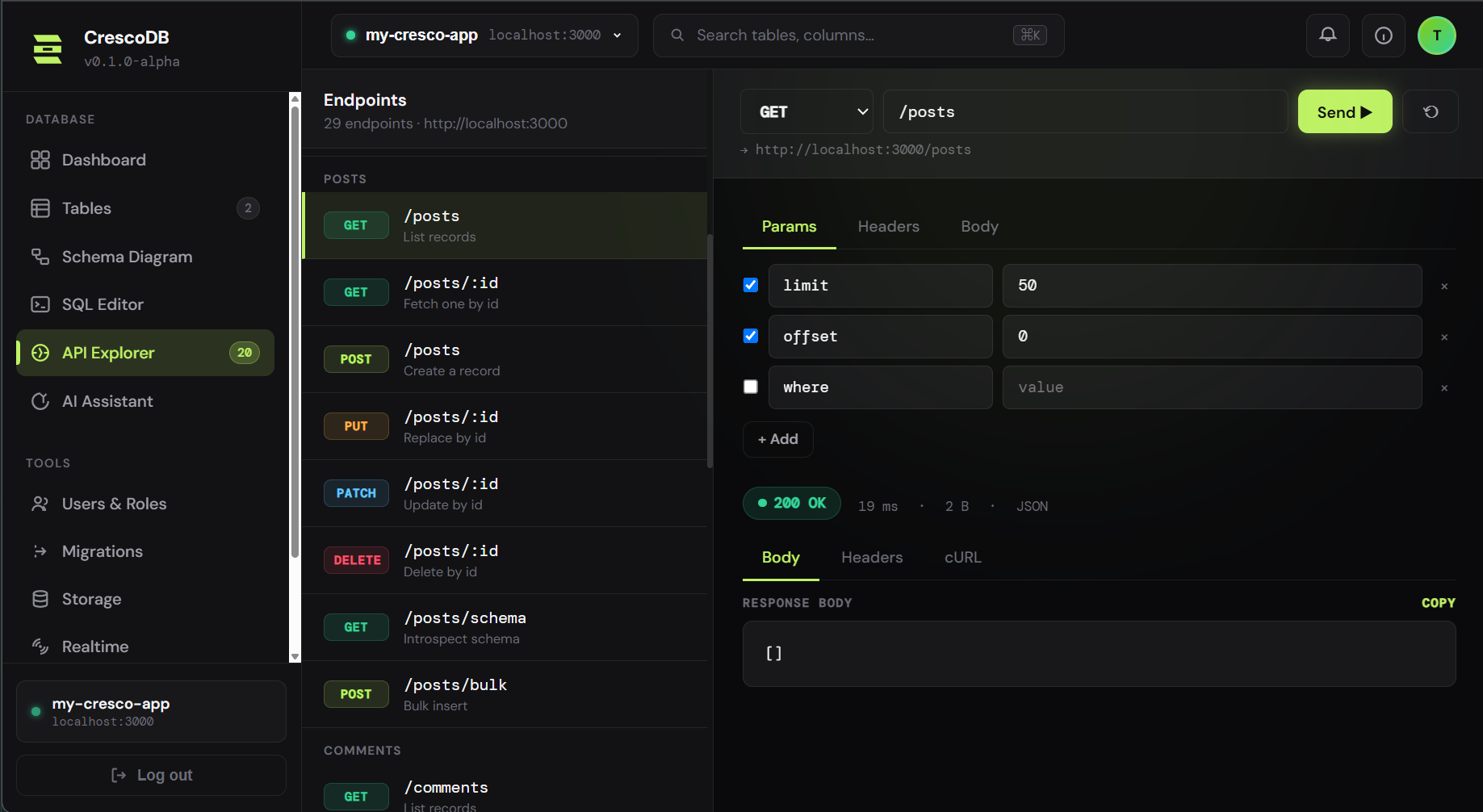 CrescoDB's built-in API Explorer testing GET /posts