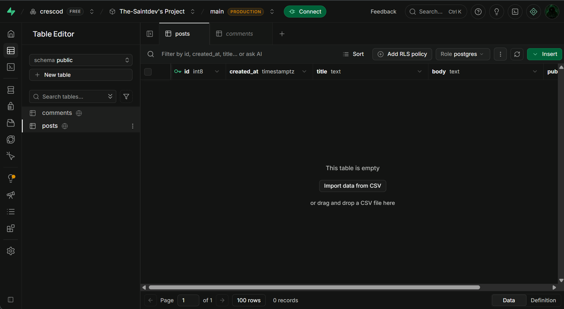 Supabase Table Editor with the posts table