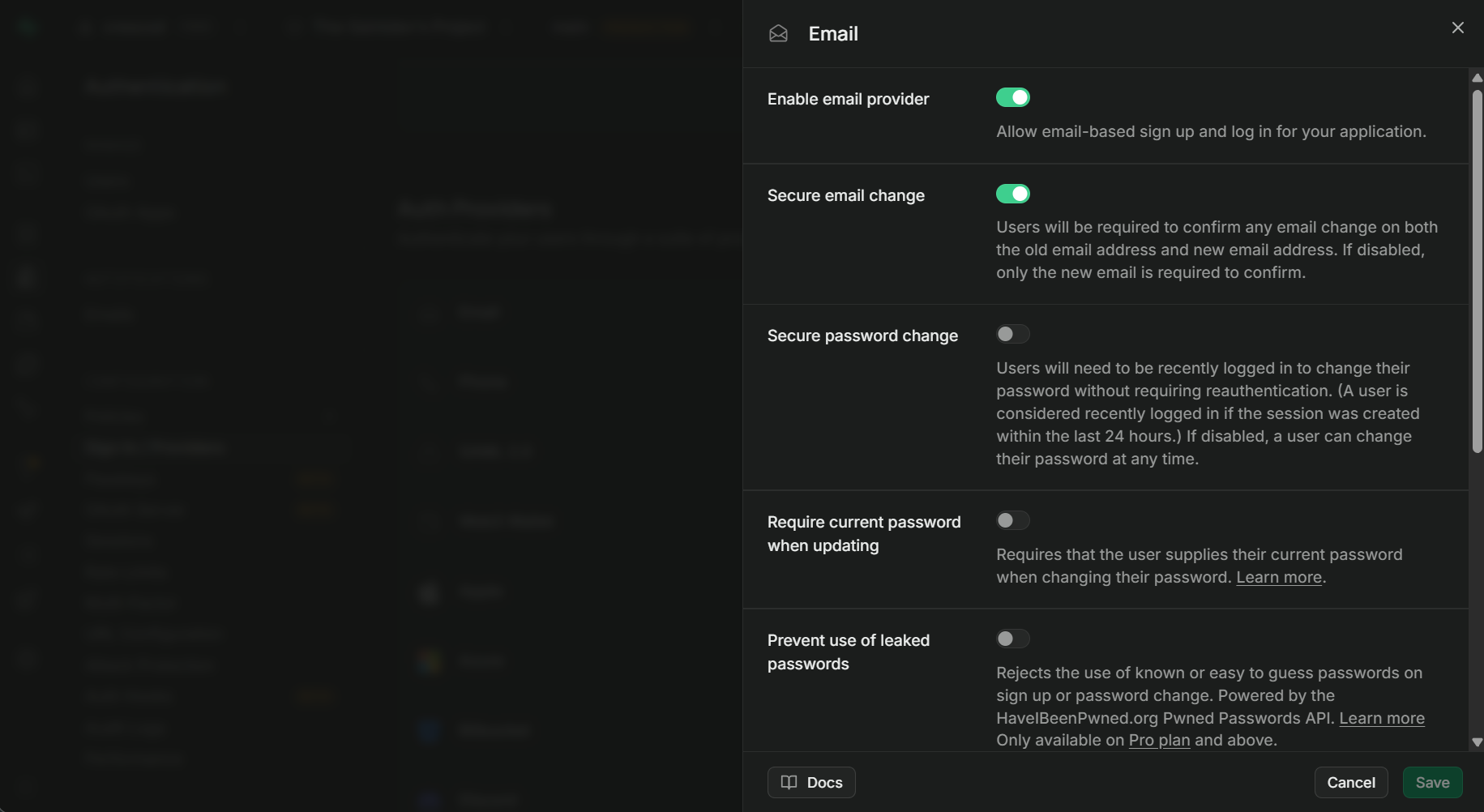 Supabase authentication providers settings